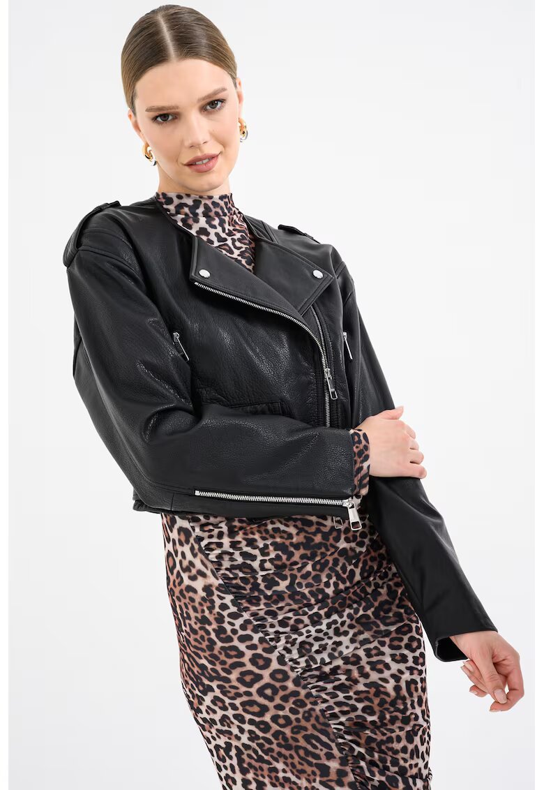 BOSS Jacheta biker din piele - Negru