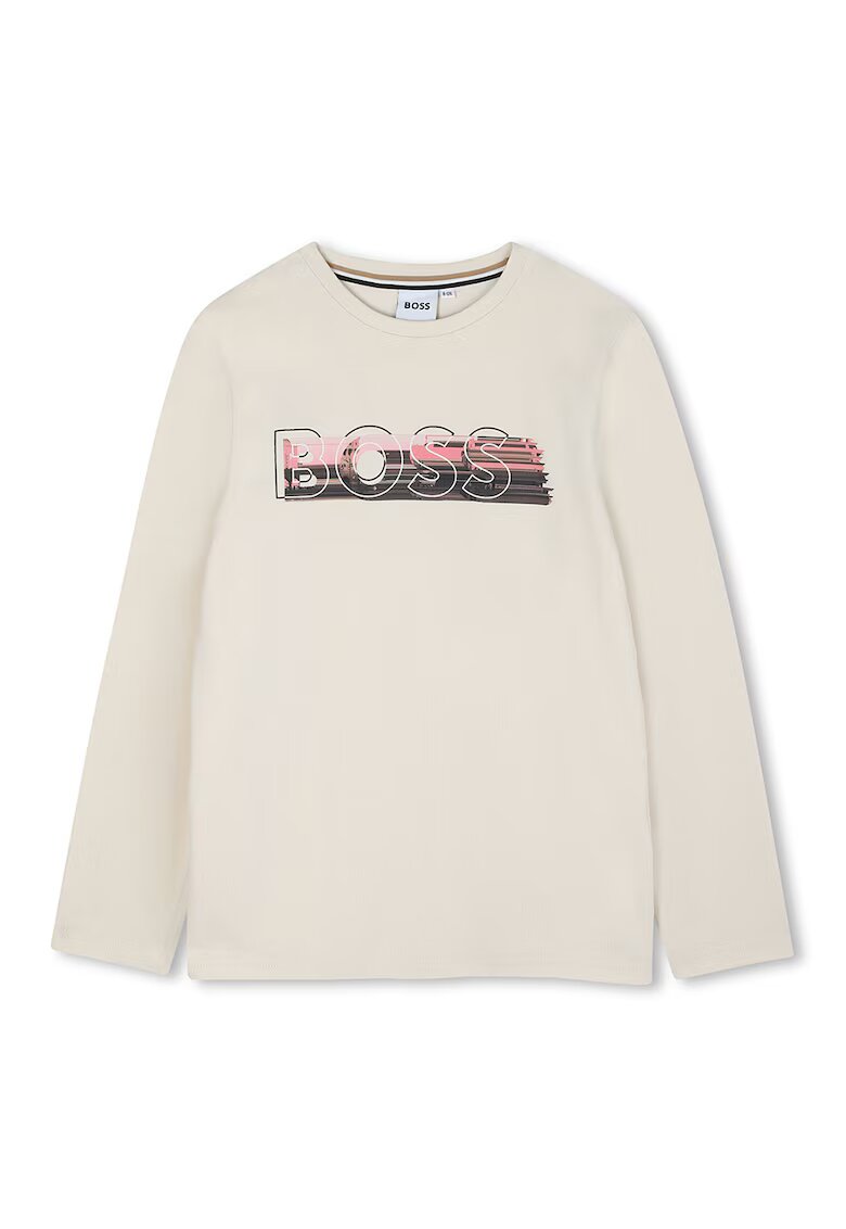 BOSS Kidswear Bluza din bumbac cu decolteu la baza gatului si logo - Alb fildes