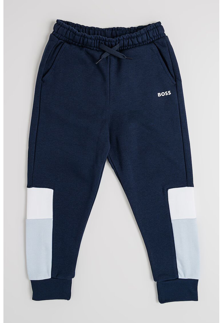 BOSS Kidswear Pantaloni de trening cu snur si model colorblock - Alb/Bleumarin