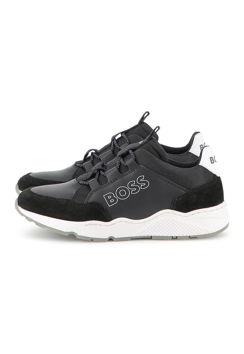 BOSS Kidswear Pantofi sport din piele ecologica cu logo - Negru/Gri inchis