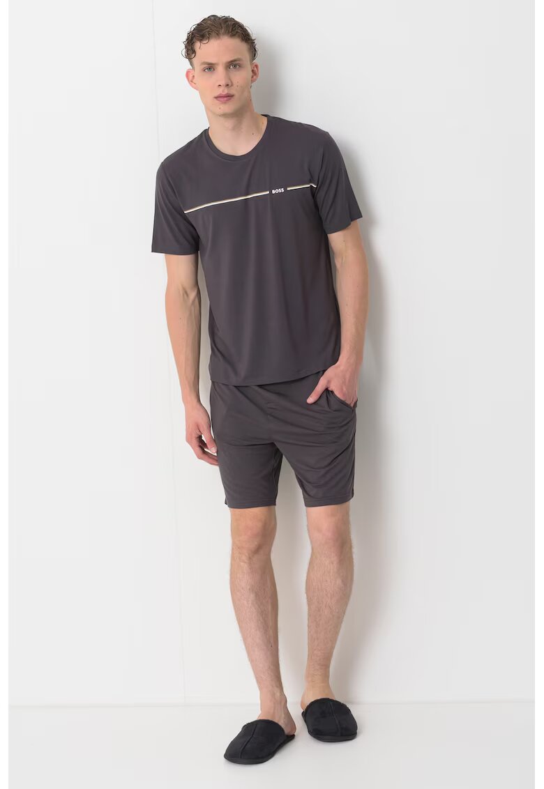 BOSS Pijama cu pantaloni scurti si logo pe piept - Gri inchis