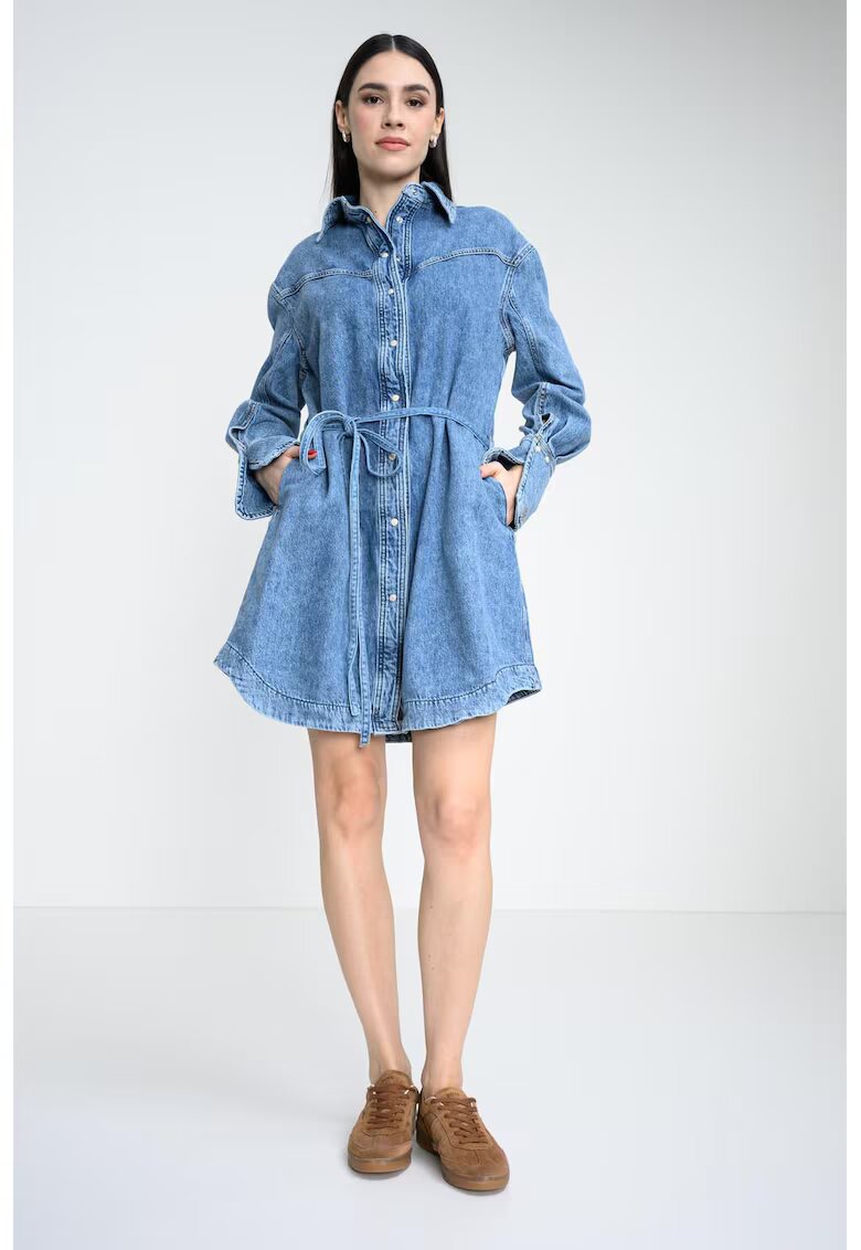 BOSS Rochie-camasa din denim cu cordon in talie si buzunare laterale - Albastru melange