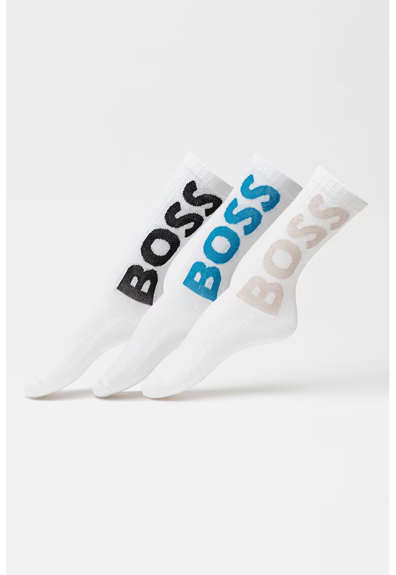 BOSS Set de sosete lungi cu logo supradimensionat - 3 perechi - Alb/Negru/Verde persan