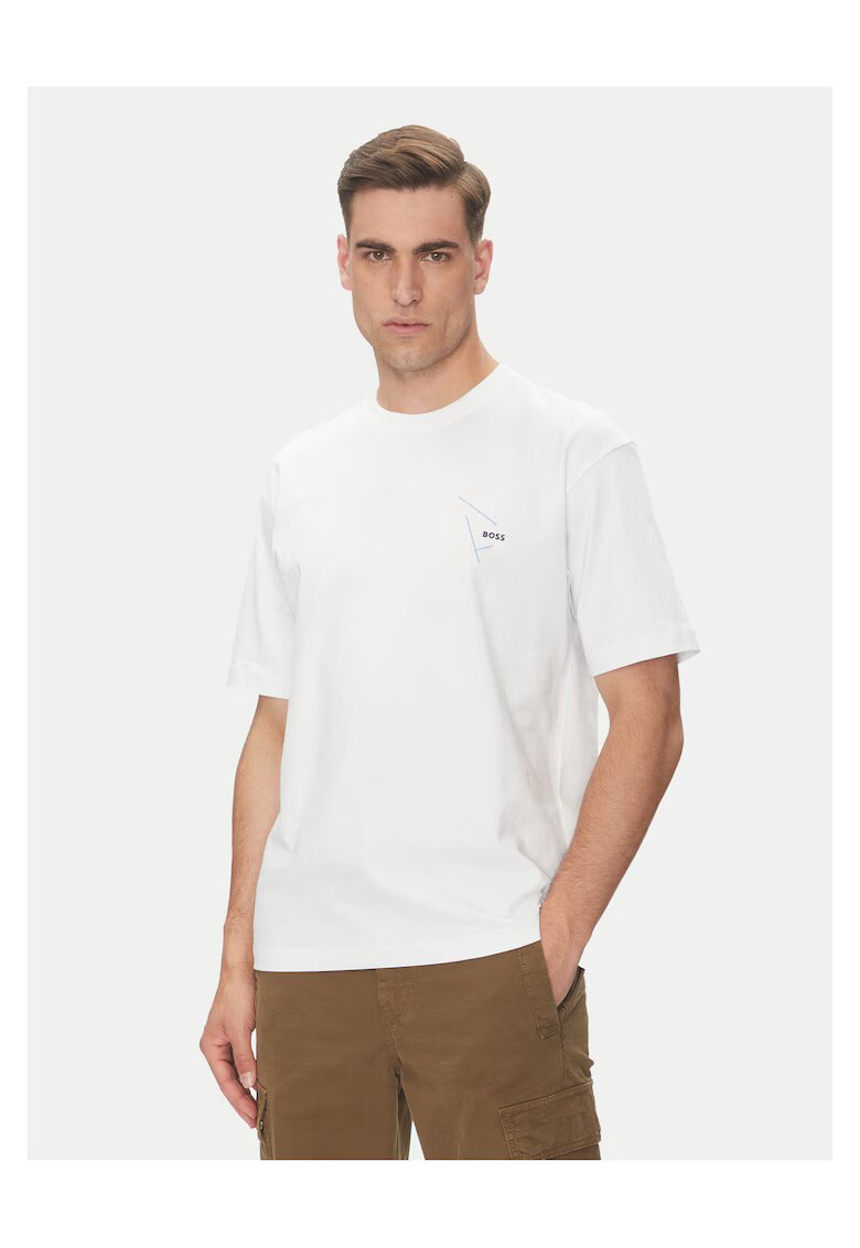 BOSS Tricou barbat alb/albastru - bumbac