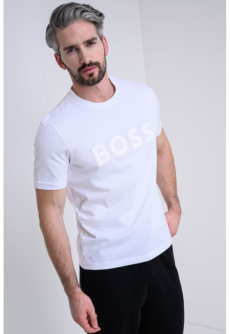 BOSS Tricou cu decolteu la baza gatului si imprimeu logo - Alb optic