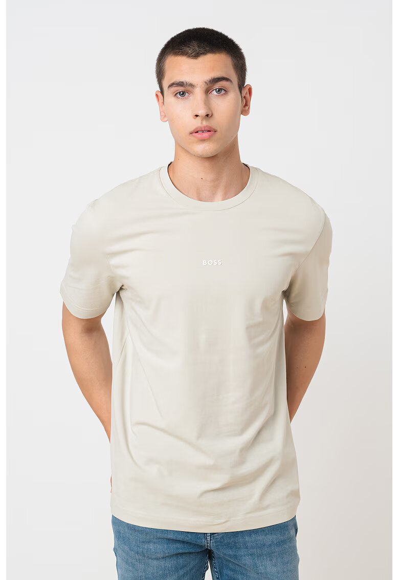 BOSS Tricou cu decolteu la baza gatului si logo discret - Maro nisip