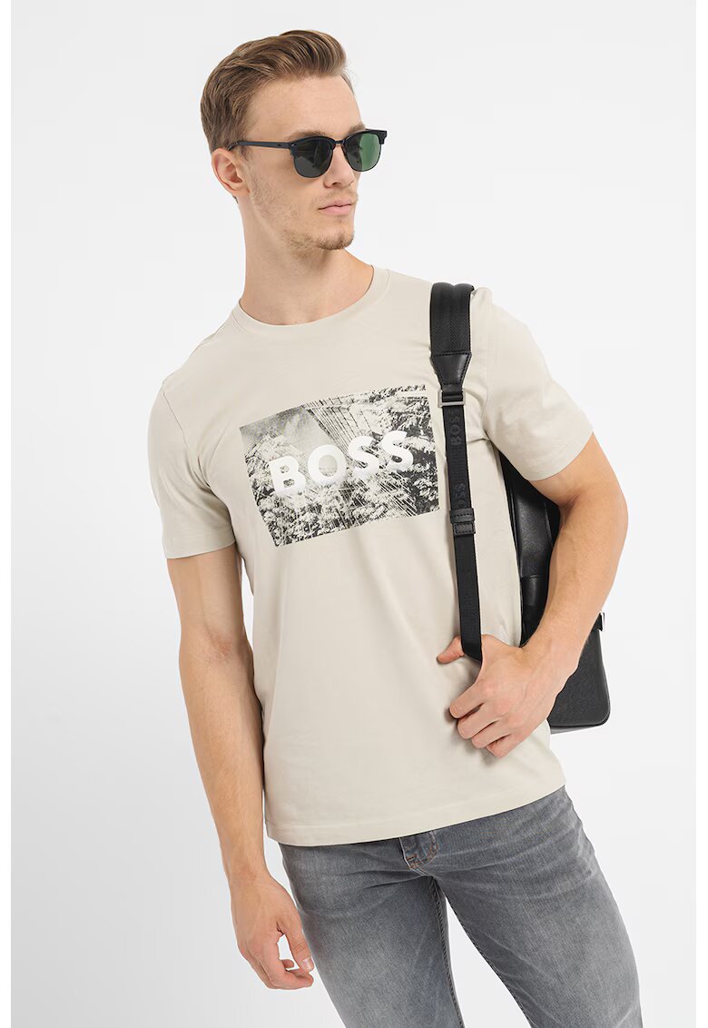 BOSS Tricou cu logo Building - Maro taupe deschis