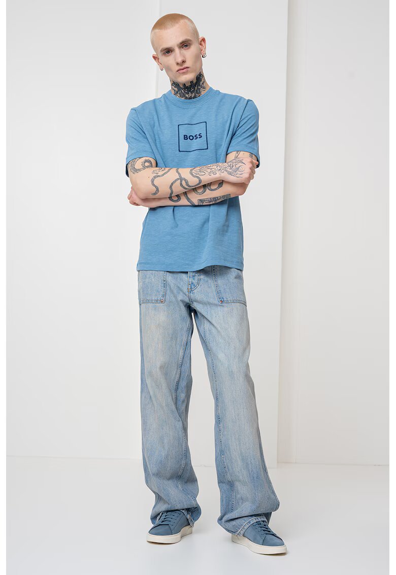 BOSS Tricou din amestec de in - Albastru lavanda