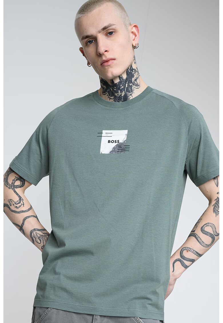 BOSS Tricou din amestec de lyocell - Gri deschis/Verde aquamarin