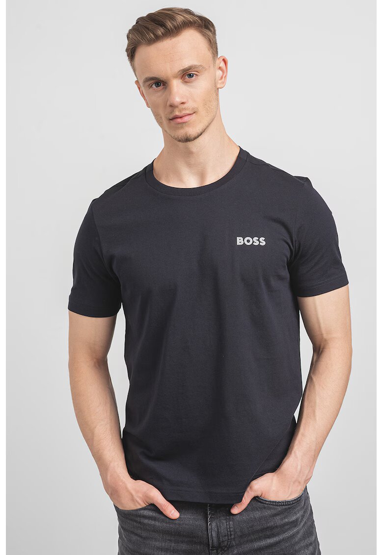 BOSS Tricou din bumbac cu decolteu rotund si logo discret - Albastru ultramarin