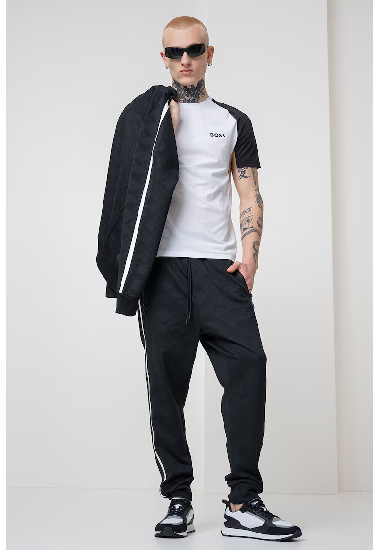 BOSS Tricou din material pique cu logo - Alb/Negru/Maro