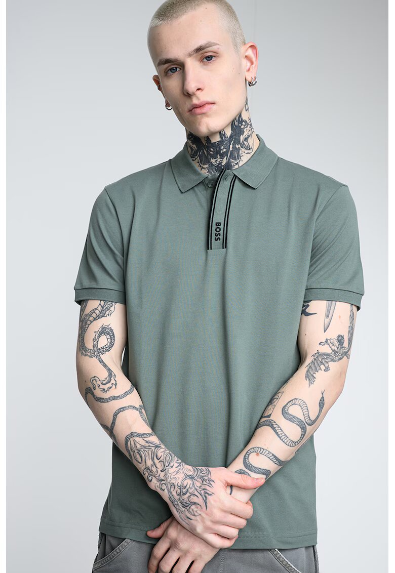 BOSS Tricou polo din amestec de bumbac cu detalii logo - Negru/Verde aquamarin