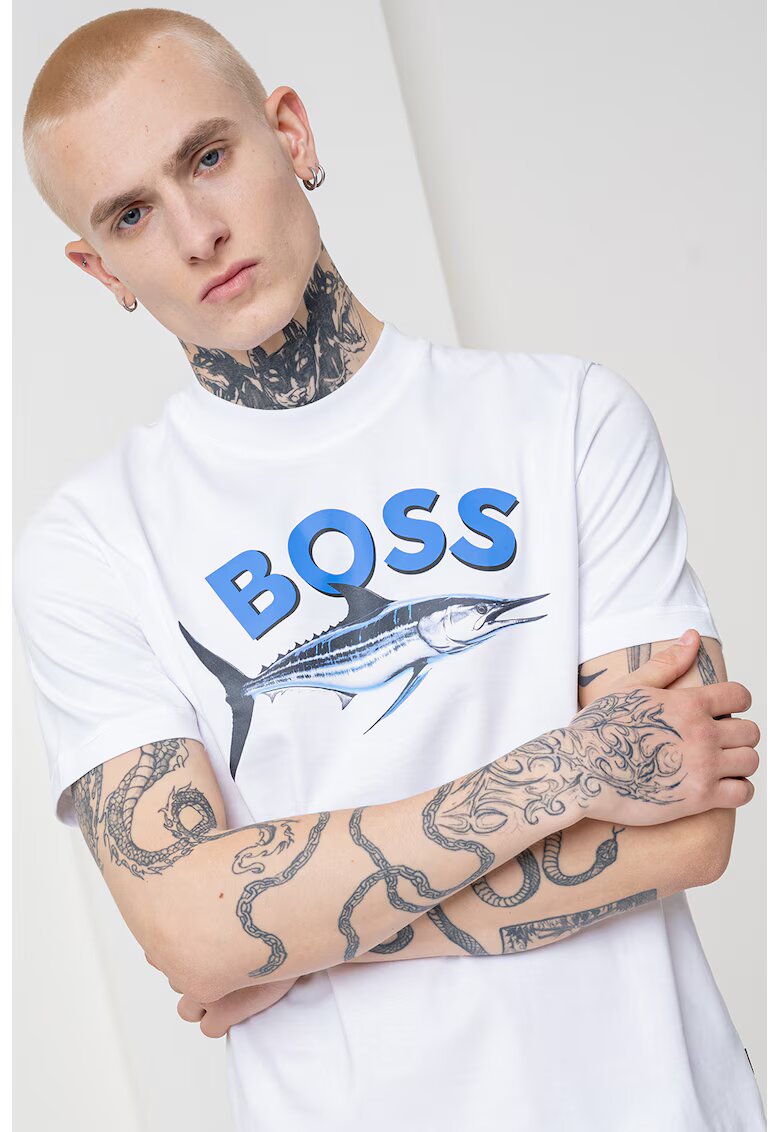 BOSS Tricou slim fit cu imprimeu - Alb optic/Albastru
