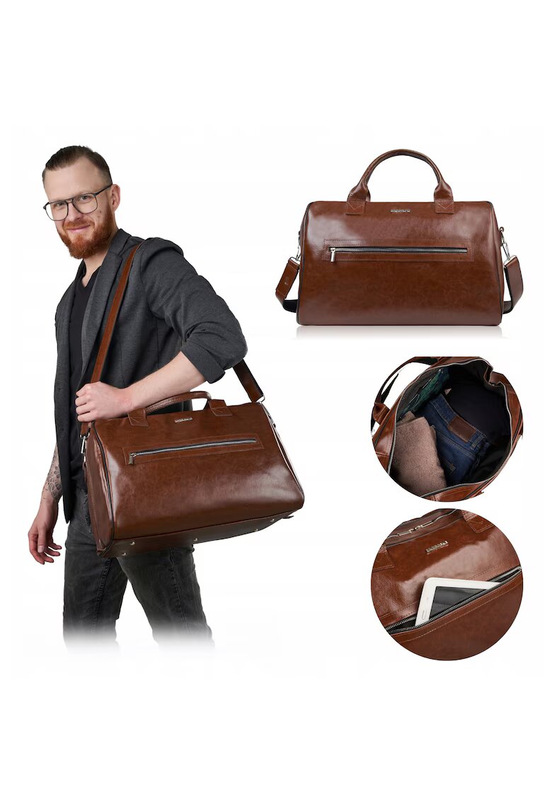 Broedrene Geanta de voiaj - brødrene - r60 - universala - piele - eleganta - geanta de umar - cu curea reglabila - coniac - productie poloneza - material: piele naturala tabacita vegetal - inaltime 29 cm - latime 44 cm - adancime 26 cm - fermoar dublu met ...