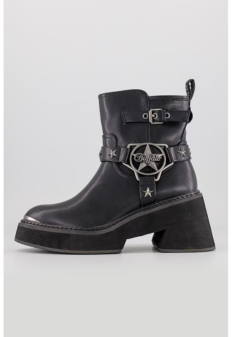 Buffalo Ghete biker de piele ecologica cu toc masiv Bull Star - Negru