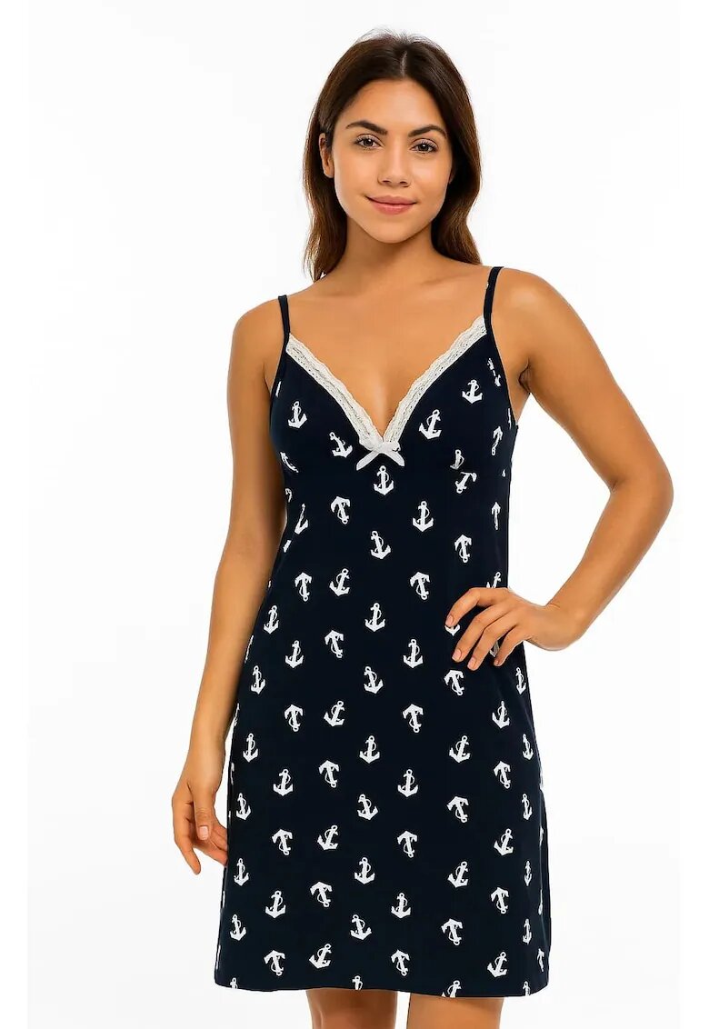 Bumbacel 100 COTTON Camasa de noapte cu bretele si imprimeu floral - din bumbac - Albastru