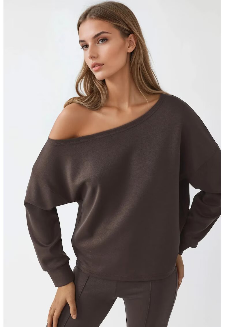Busem Hanorac femei - guler asimetric - croiala lejera - maro cafeniu - textil