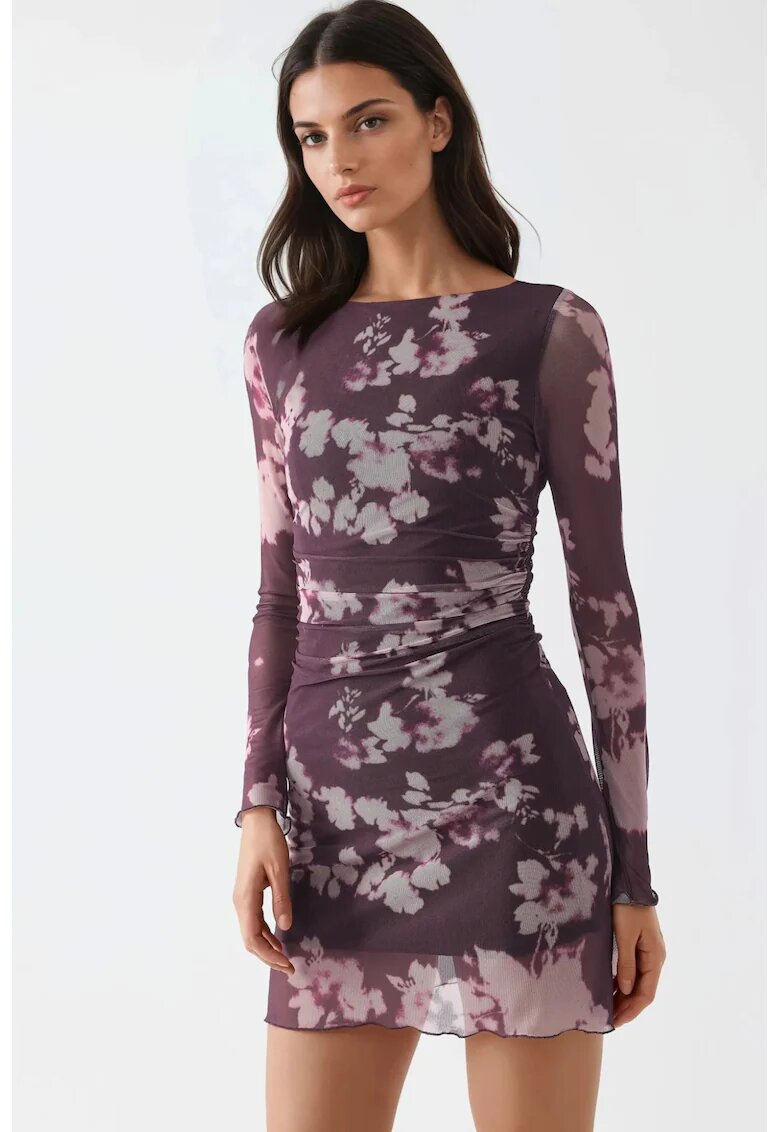 Busem Rochie Mini Floral - Maneci Lungi - Mov - Jerseu