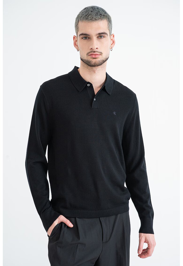 Calvin Klein Bluza polo cu logo brodat - Negru