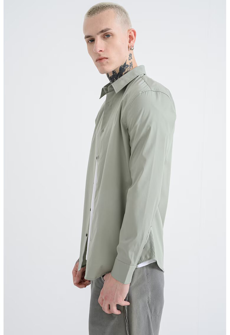 Calvin Klein Camasa din amestec de bumbac cu model uni si guler ascutit - Verde fistic
