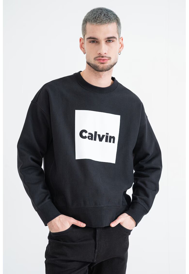 Calvin Klein Jeans Bluza de trening cu decolteu la baza gatului si imprimeu logo - Alb/Negru