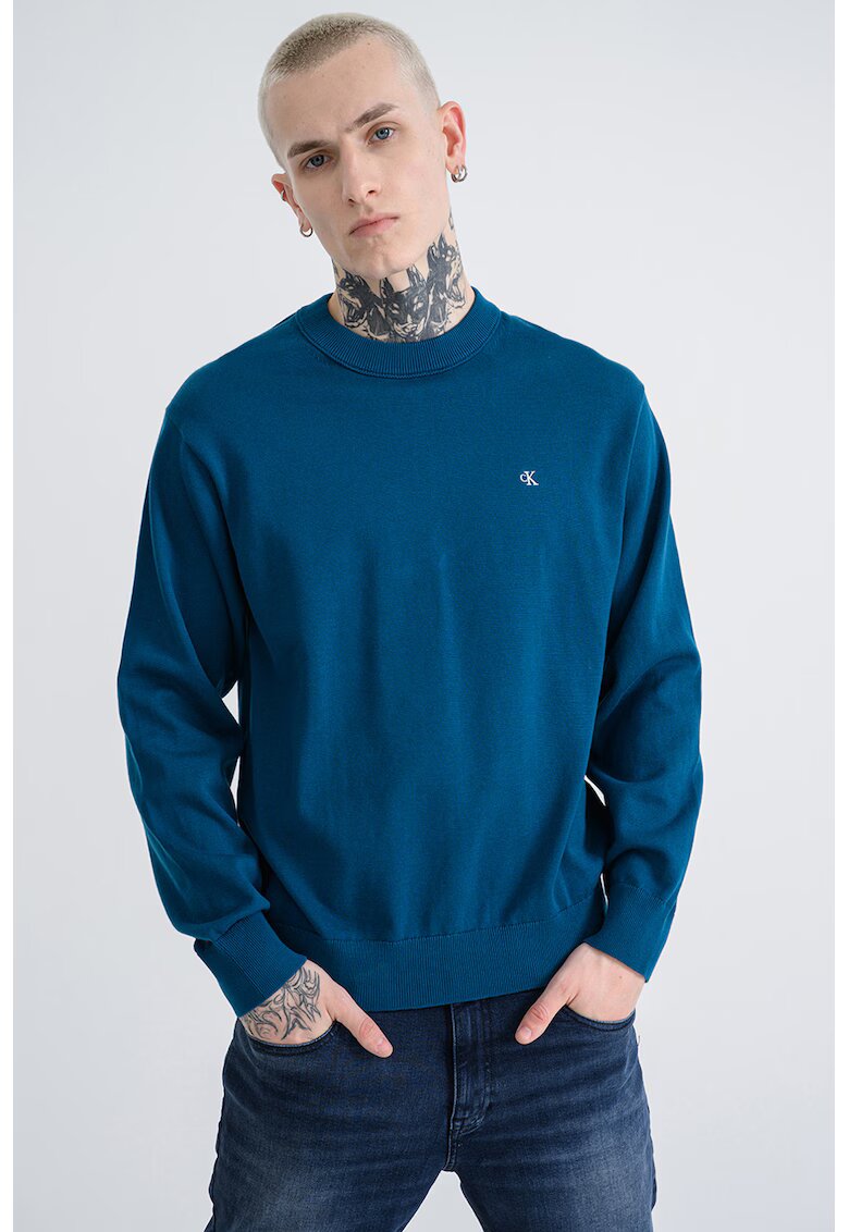 Calvin Klein Jeans Bluza de trening din bumbac cu decolteu la baza gatului - Albastru