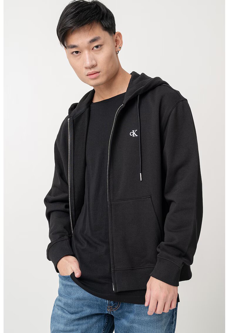 Calvin Klein Jeans Hanorac cu fermoar si snururi de ajustare - Negru