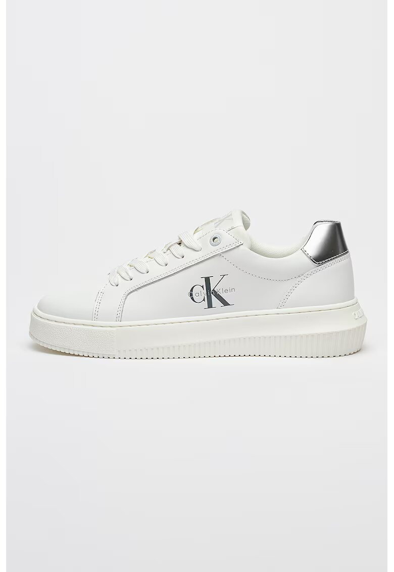 Calvin Klein Jeans Pantofi sport din piele cu logo - Alb optic/Argintiu