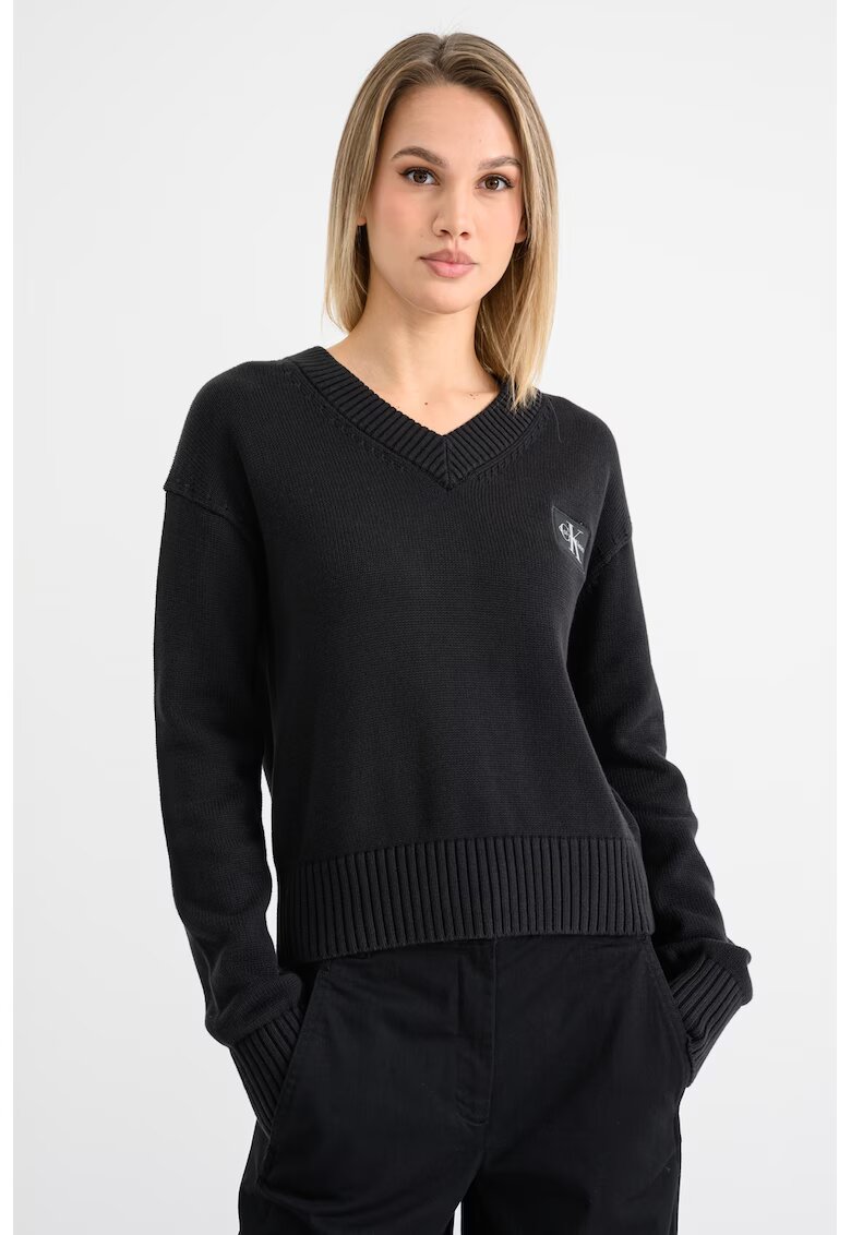 Calvin Klein Jeans Pulover cu decolteu in V si maneci cazute - Negru