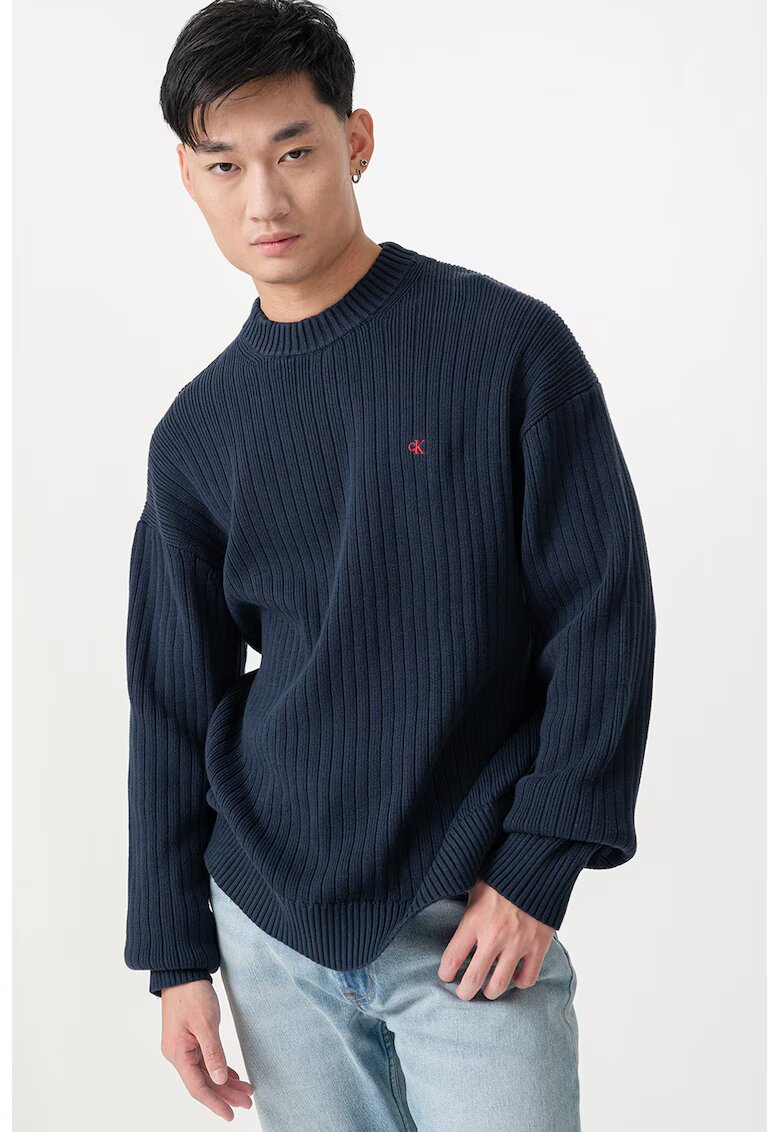Calvin Klein Jeans Pulover striat cu detaliu logo - Albastru ultramarin