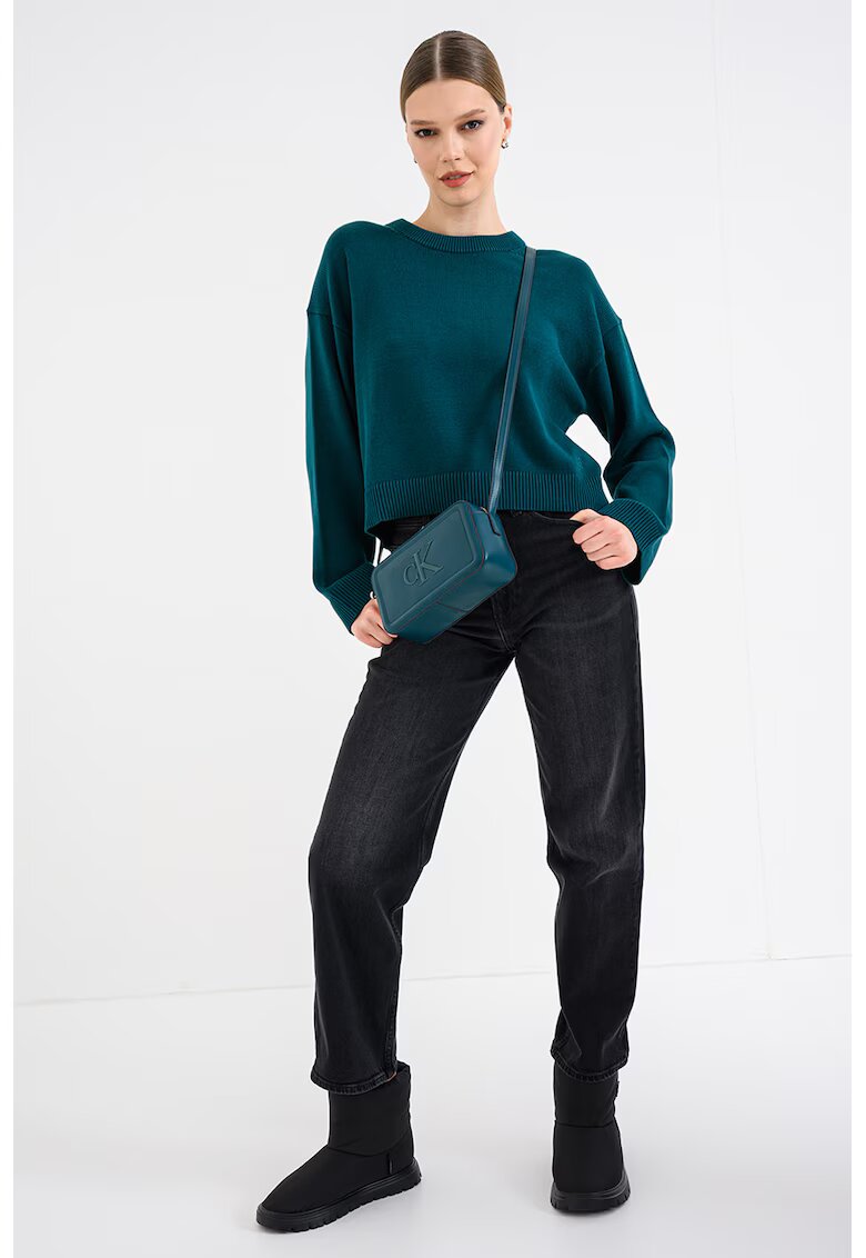 Calvin Klein Jeans Pulover uni din bumbac cu maneci cazute - Verde inchis