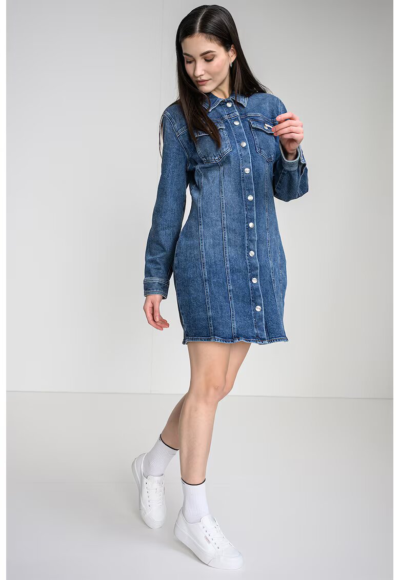 Calvin Klein Jeans Rochie-camasa din denim cu buzunare pe piept - Albastru melange