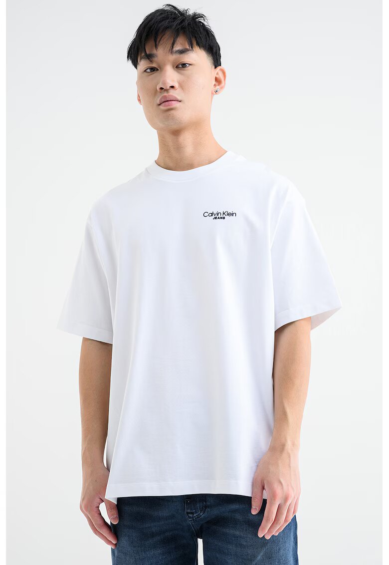 Calvin Klein Jeans Tricou cu decolteu la baza gatului si logo - Negru/Alb murdar