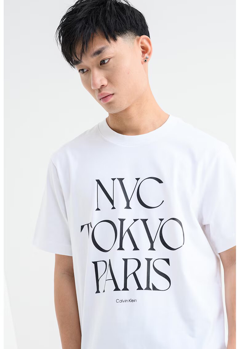 Calvin Klein Jeans Tricou cu decolteu la baza gatului si text - Alb/Negru