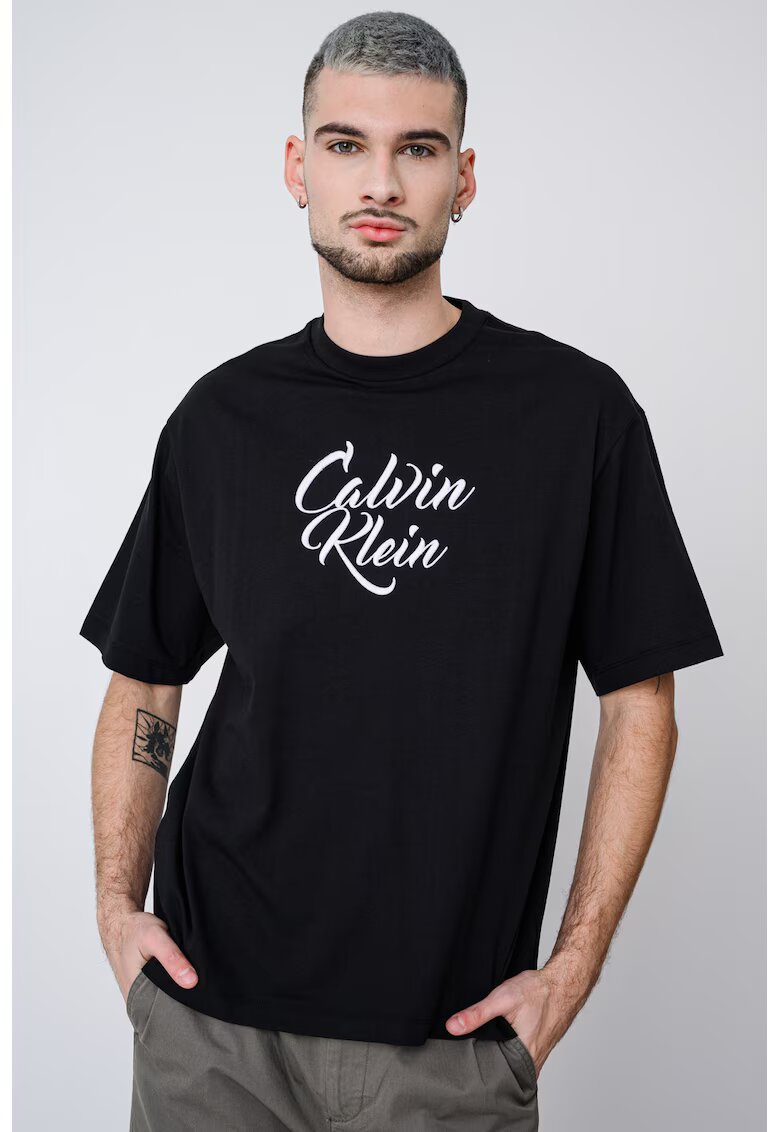 Calvin Klein Jeans Tricou de bumbac cu decolteu la baza gatului si logo - Negru