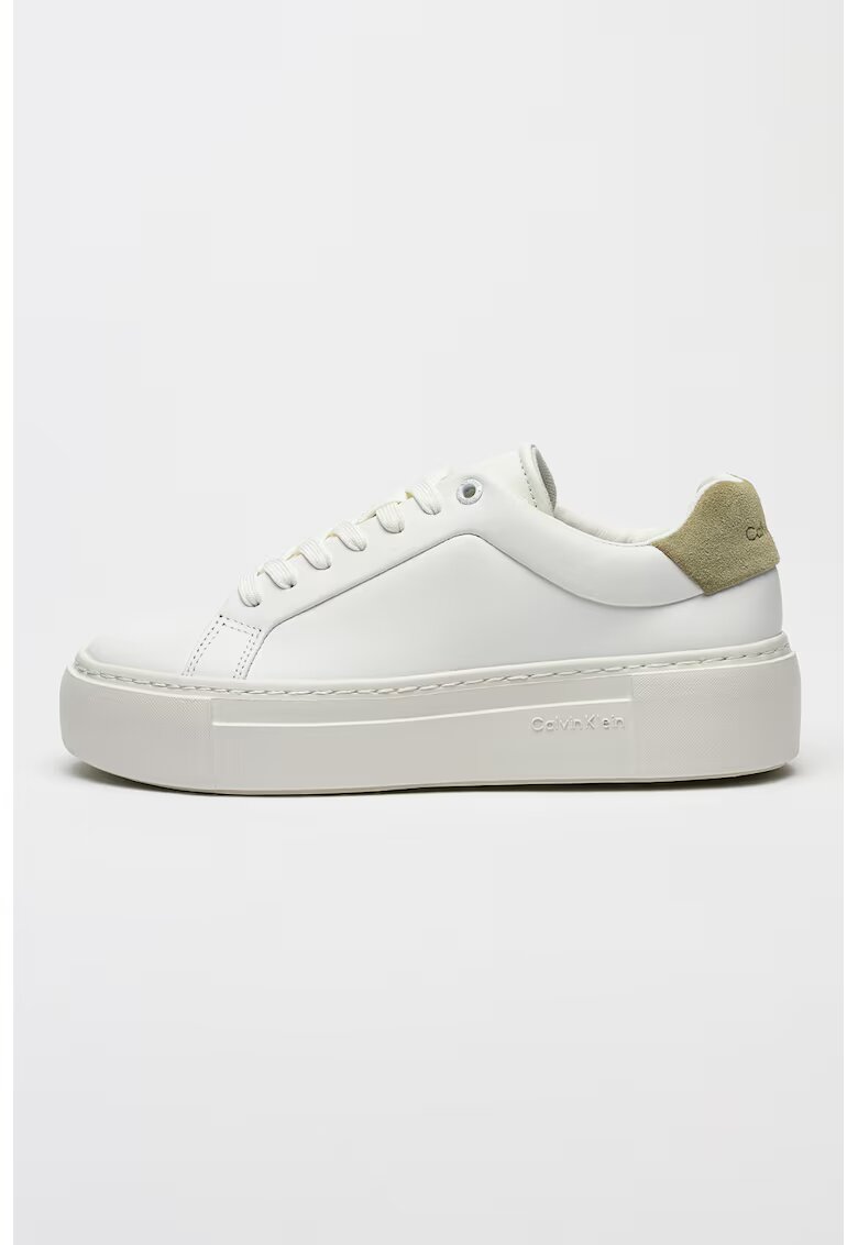 Calvin Klein Pantofi sport low-cut din piele - Alb optic/Verde sparanghel