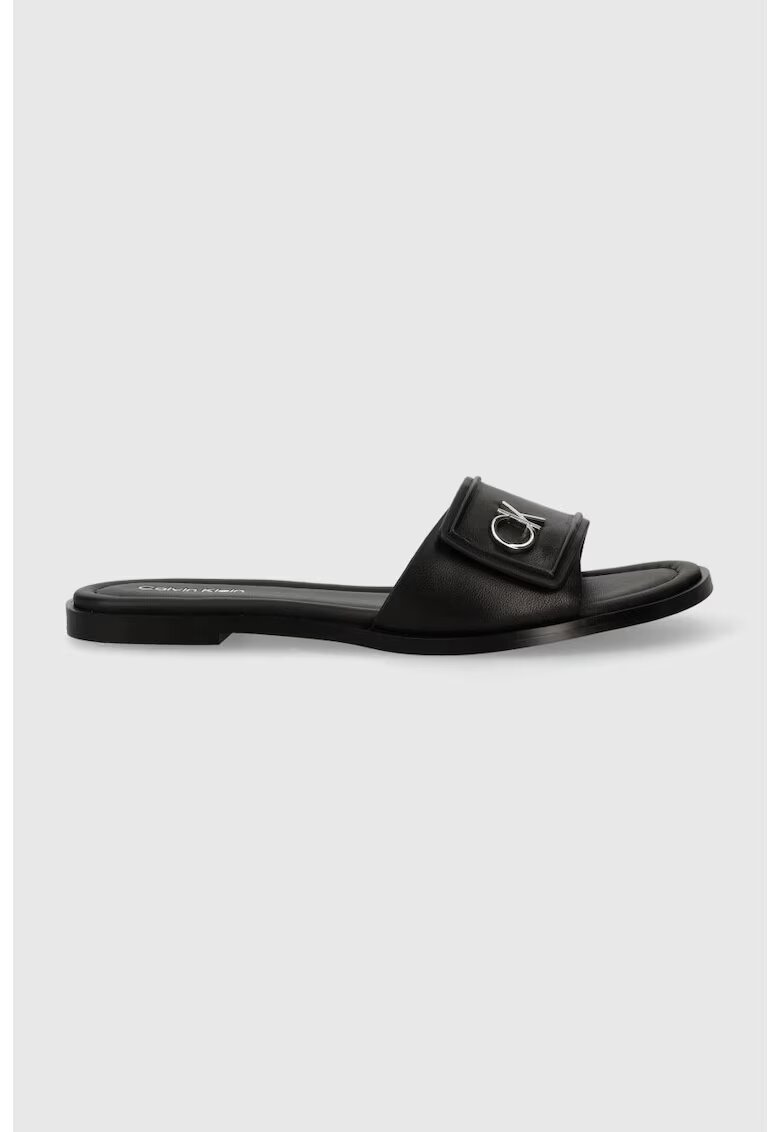Calvin Klein Papuci dama din piele cu logo Flat Slide Relock - Negru