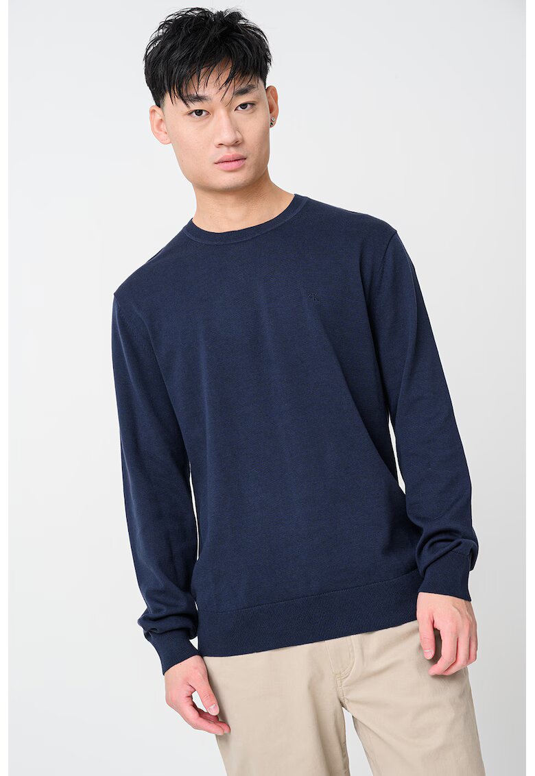 Calvin Klein Pulover cu decolteu la baza gatului si logo discret - Albastru ultramarin