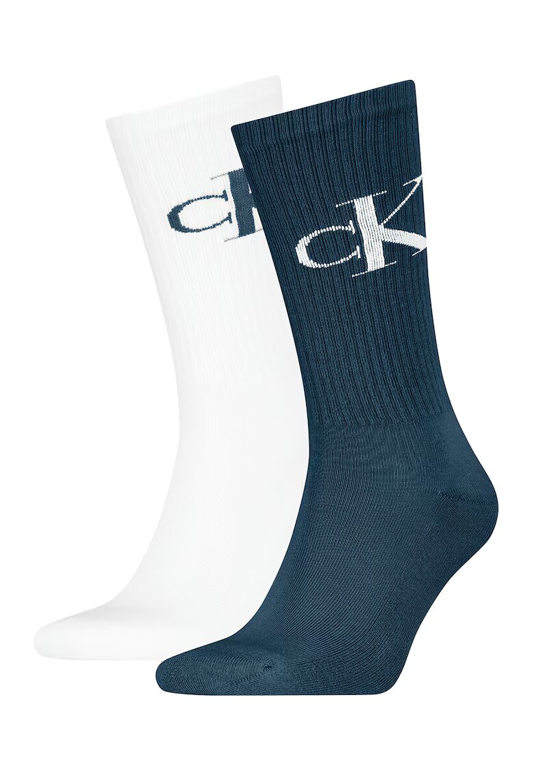 Calvin Klein Set de sosete lungi cu logo - 2 perechi - Alb/Albastru petrol
