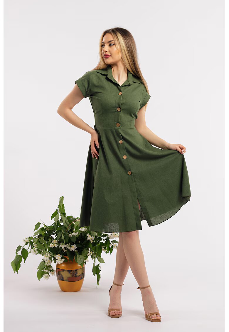 CAMISSI Rochie-camasa evazata din in - Kaki