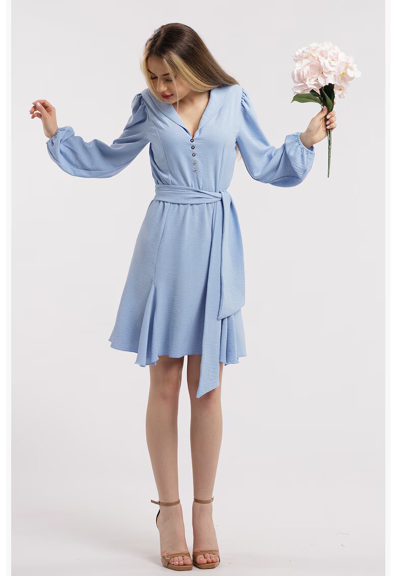 CAMISSI Rochie cu terminatie asimetrica si decolteu in V - Albastru azur
