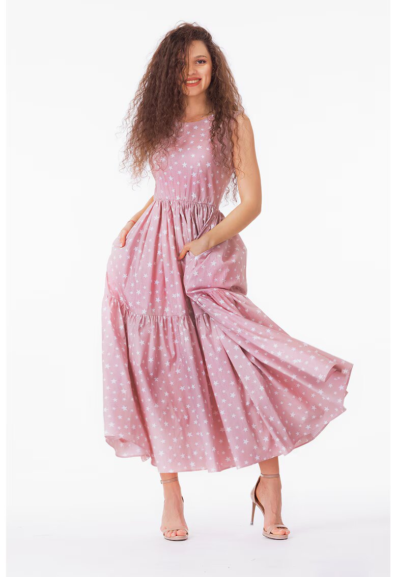 CAMISSI Rochie evazata fara maneci cu buzunare laterale - Alb/Roz prafuit