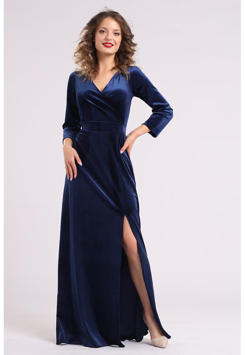 CAMISSI Rochie lunga din catifea cu slit lateral - Bleumarin