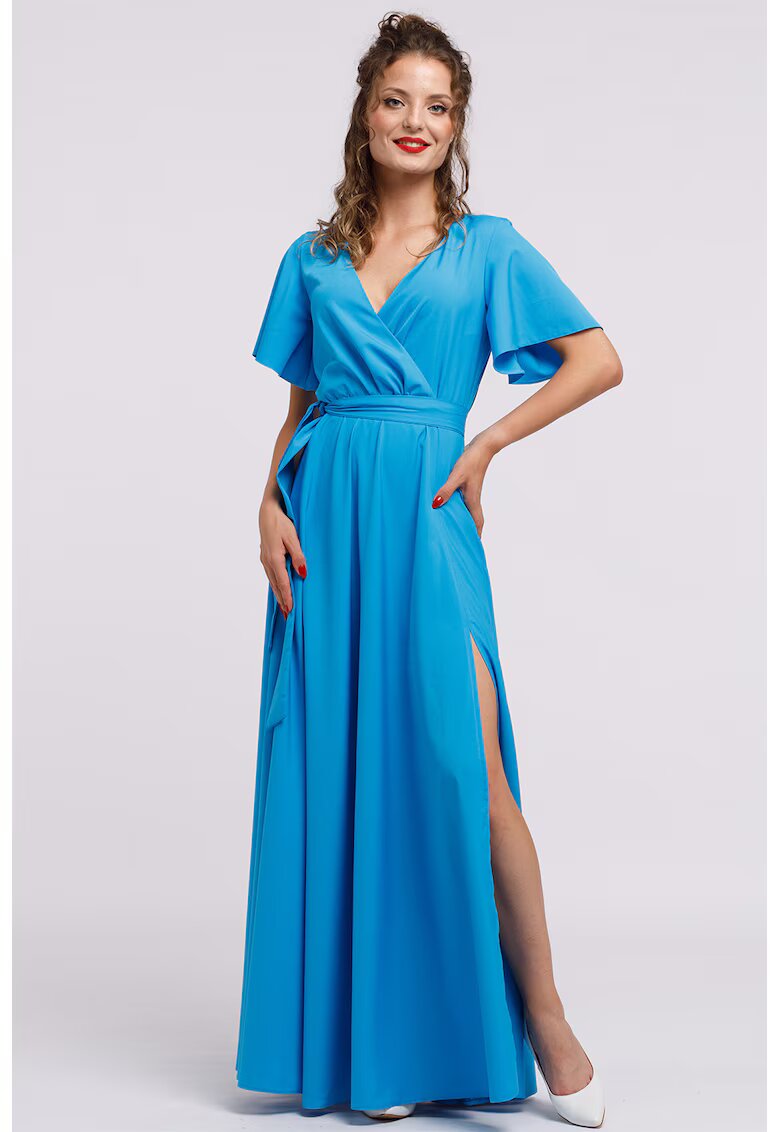 CAMISSI Rochie lunga evazata cu slit lateral la terminatie - Albastru azur