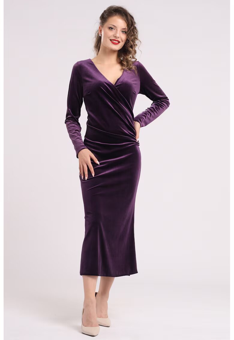 CAMISSI Rochie midi cu aspect de catifea si decolteu cache-coeur - Violet