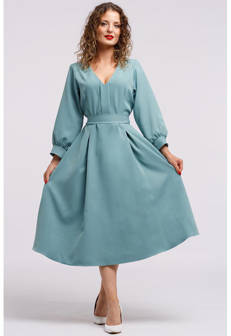 CAMISSI Rochie midi cu croiala in A si buzunare - Albastru petrol