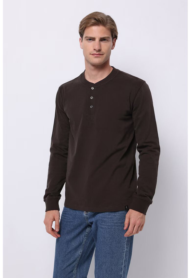 COLINS Bluza cu decolteu henley si fenta cu nasturi - Maro inchis