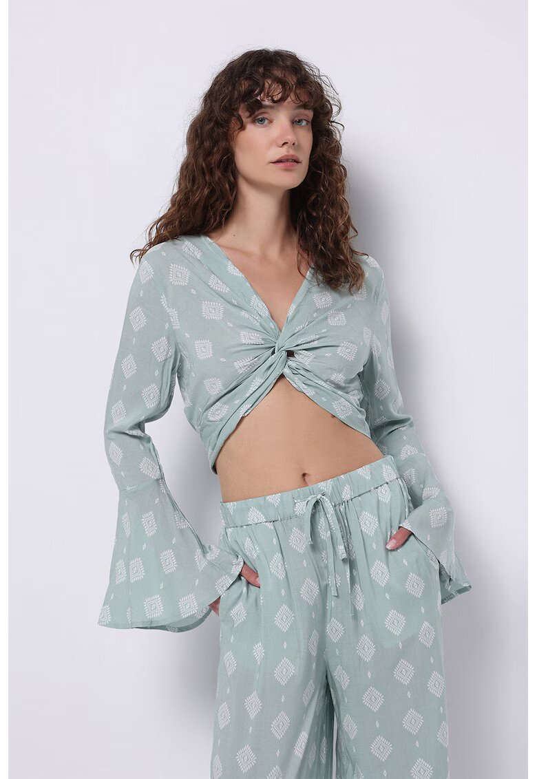 COLINS Bluza cu maneci clopot si model - Verde deschis/Alb murdar