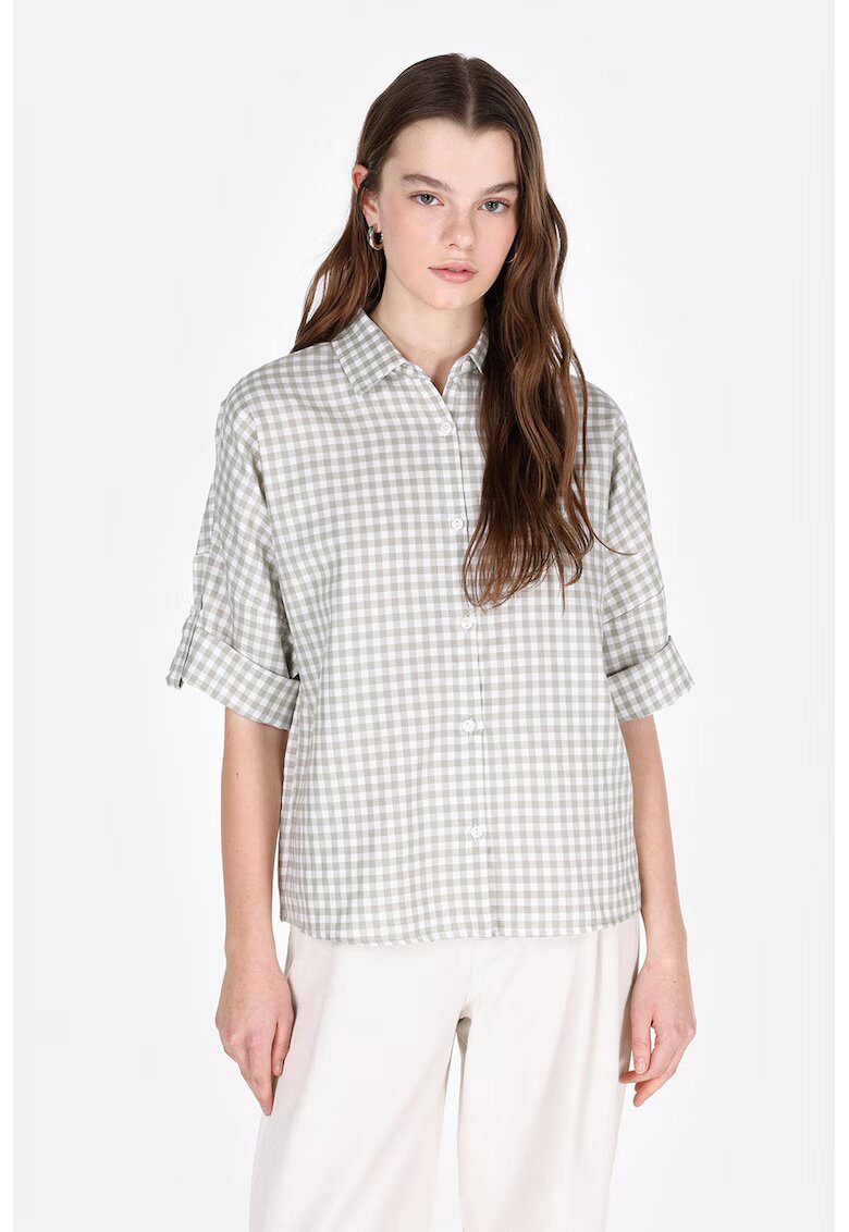 COLINS Camasa cu model gingham cu maneci medii - Alb/Verde feriga