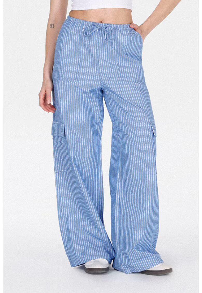 COLINS Pantaloni evazati din amestec de in cu model in dungi - Albastru azur